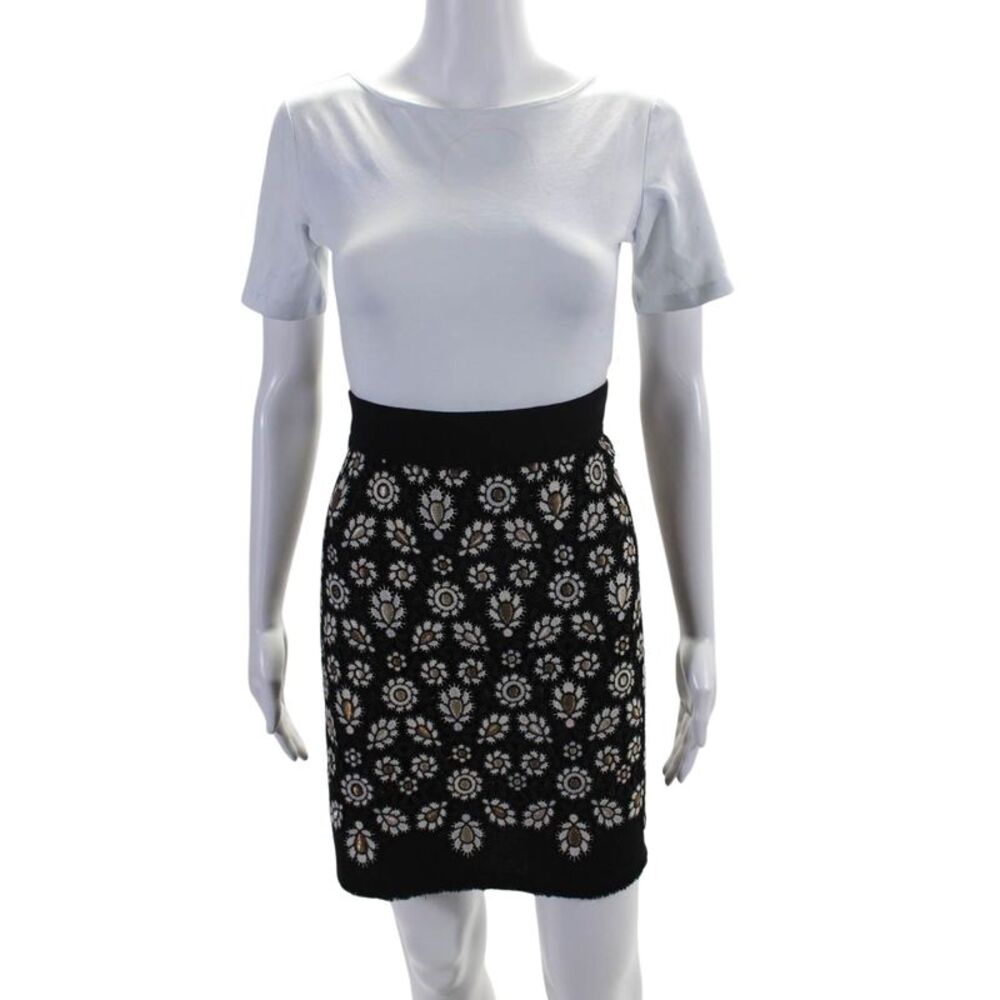 Amelia Toro Womens Floral Crochet Knit Mini A Line Skirt Black Wool Size 6